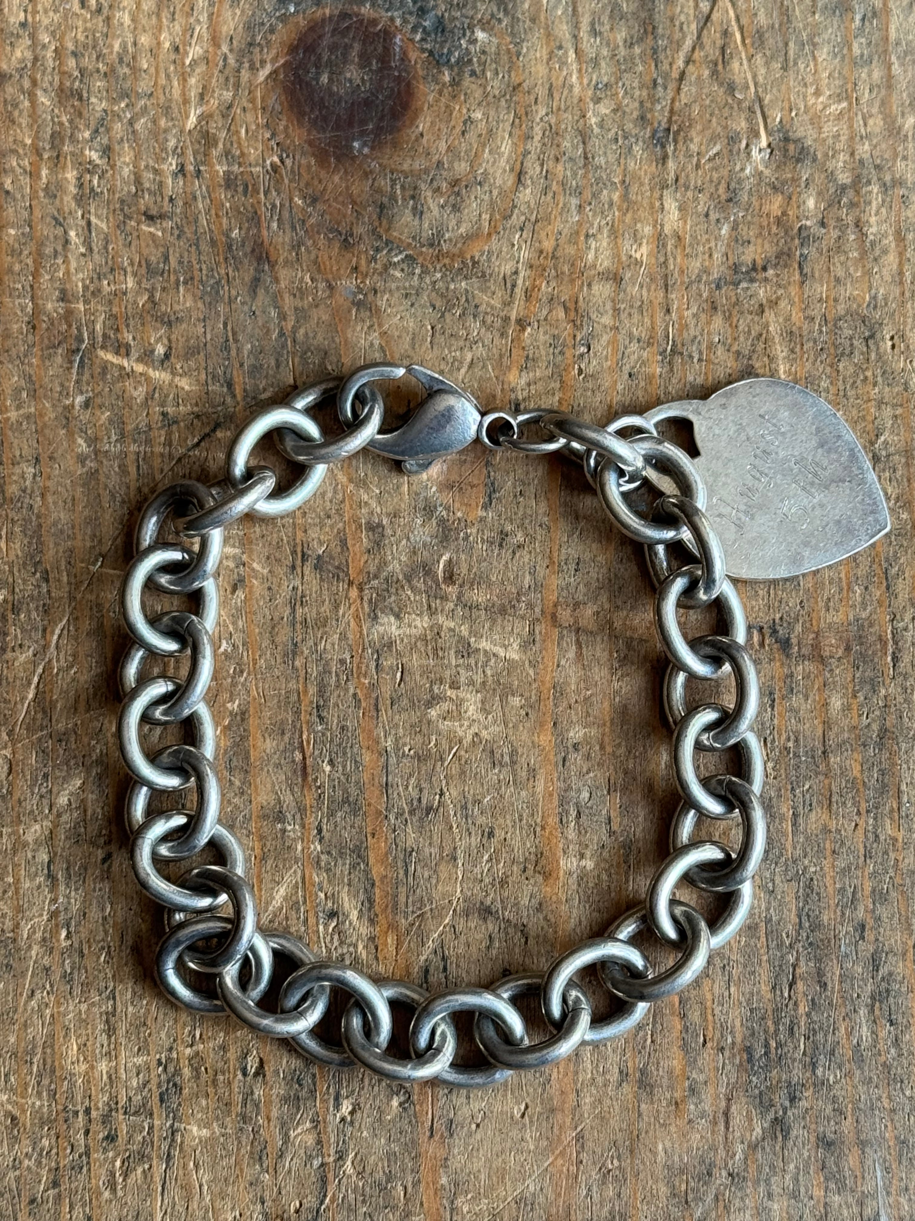 Vintage Sterling Silver 7.5” Heart Tag Cable Chain Bracelet