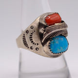 Vintage Sterling Turquoise and Coral Feather Ring 9.25