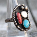 Vintage Sterling Turquoise Mop and Coral Roper Ring 8