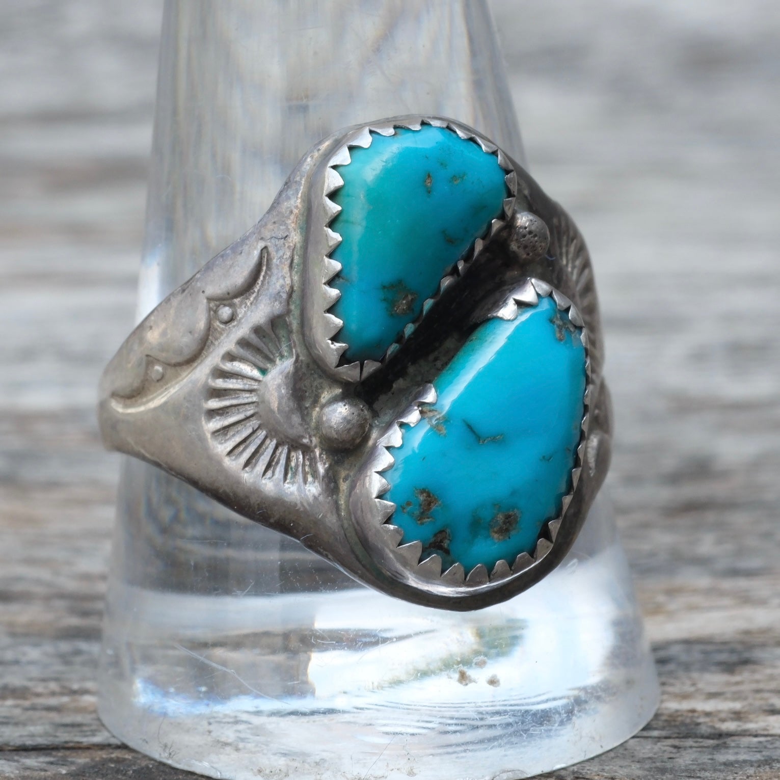 Vintage Sterling 2-Stone Turquoise Ring 11.5