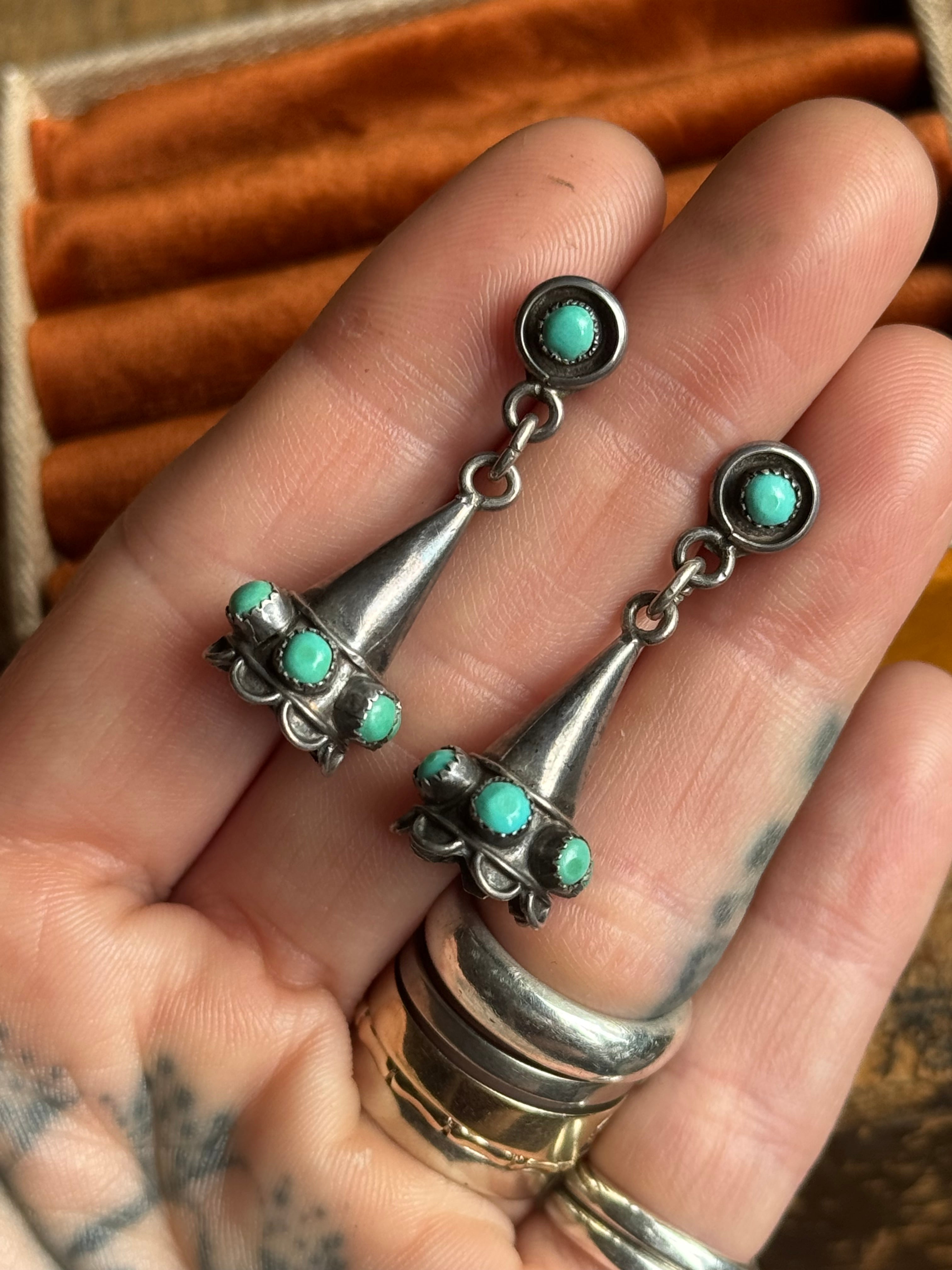 Vintage Sterling Silver Turquoise Snake Eye Bell Earrings