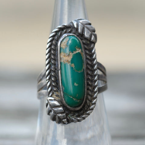 Vintage Sterling Turquoise Feather Ring 6.75