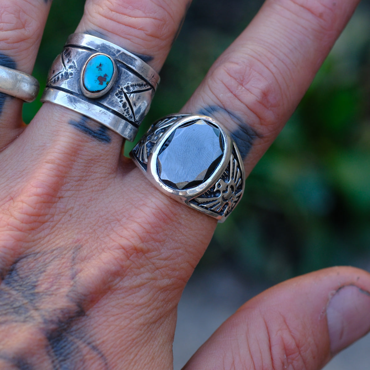 Vintage Sterling Hematite Thunderbird Ring 13.75