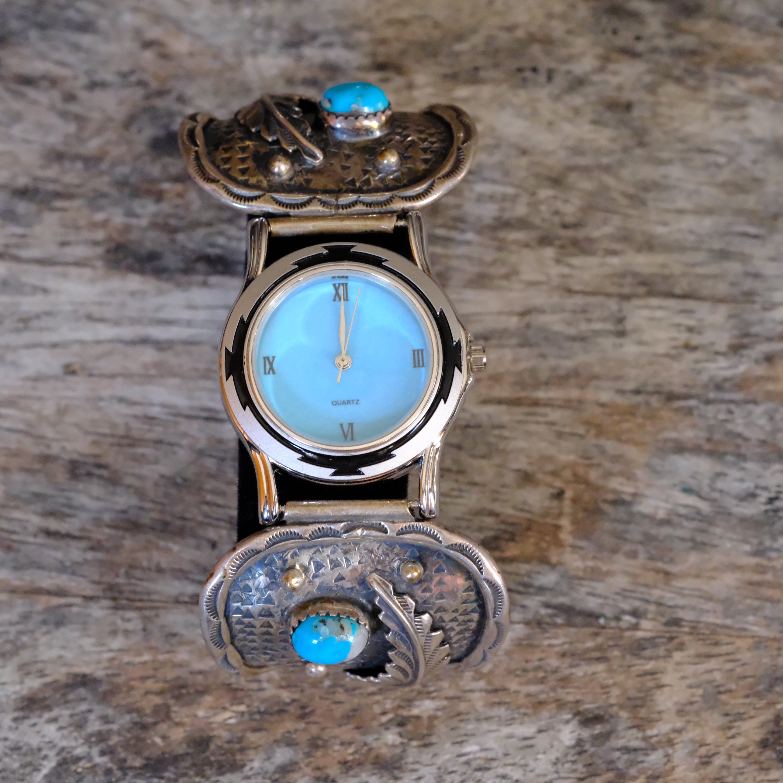 Vintage Sterling Turquoise Feather Watch With Turquoise Dial