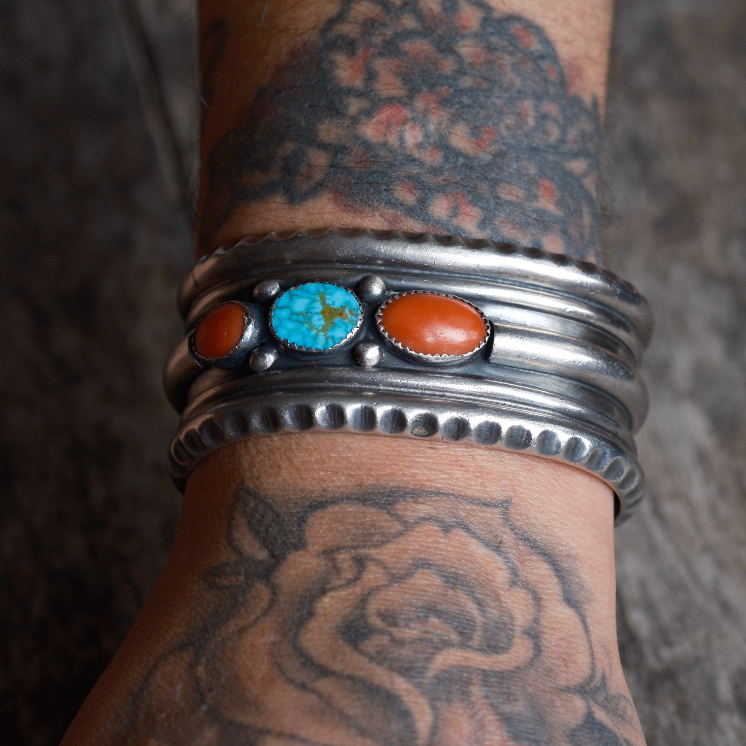 Vintage Sterling Turquoise and Coral Cuff Bracelet
