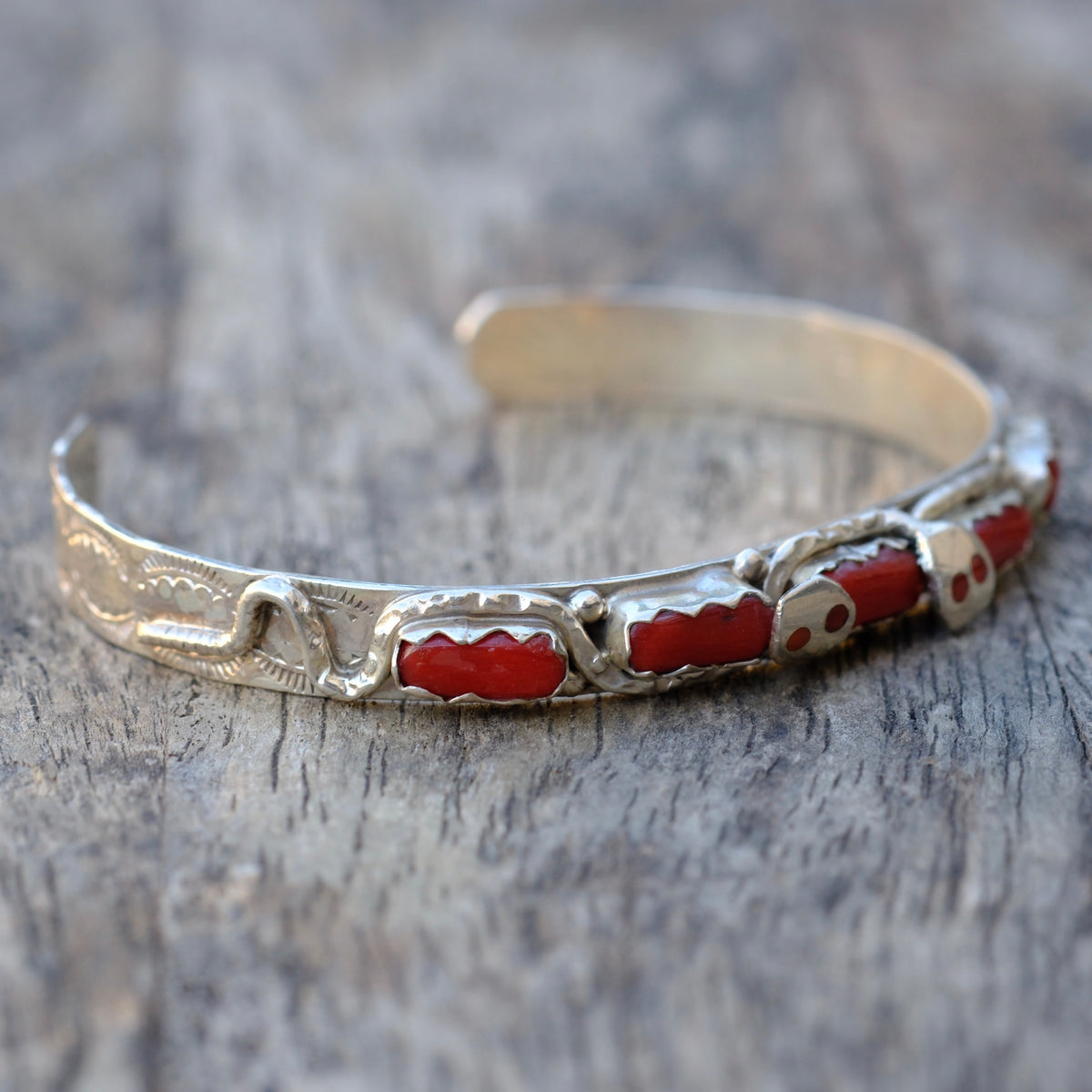 Vintage Sterling Coral Snake Cuff Bracelet