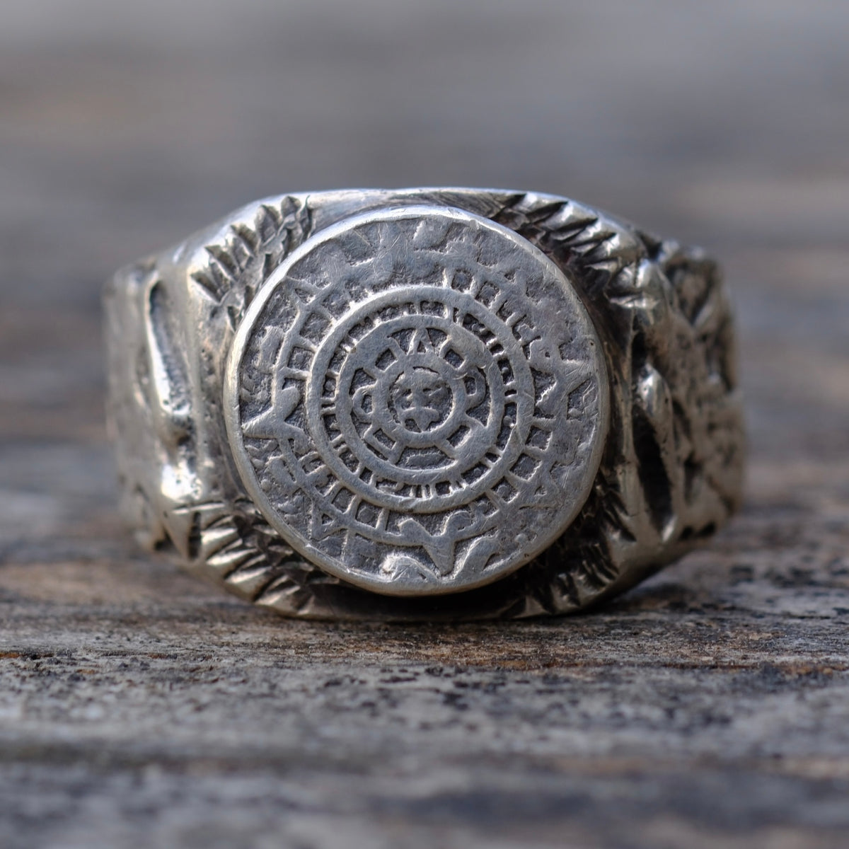 Vintage Sterling Silver Aztec Calendar Signet Ring 9.75