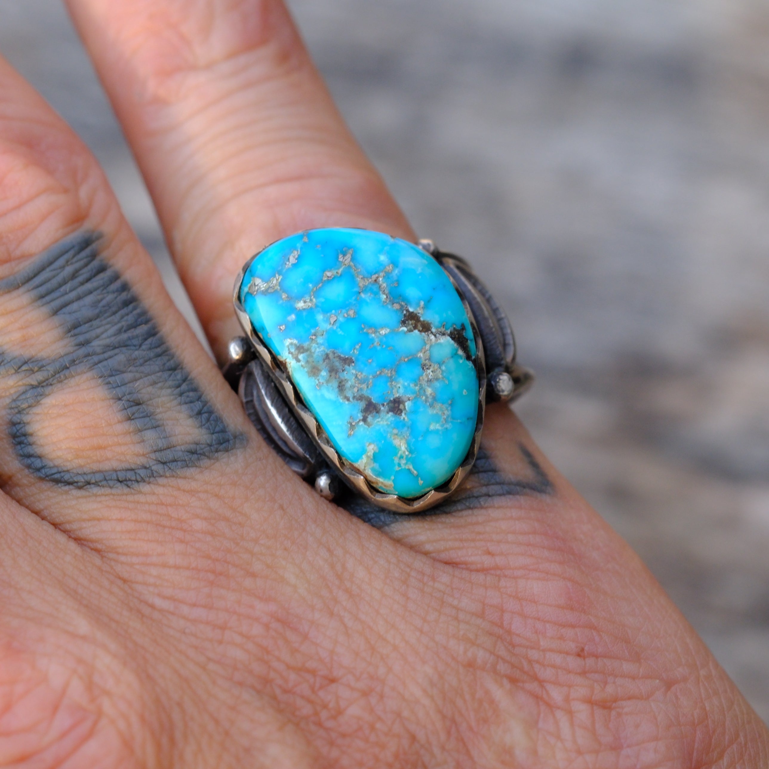 Heavy Ingot Sterling Silver Stamped Band Turquoise Ring 7.75