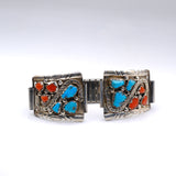 Vintage Sterling 6-Stone Turquoise and Coral Snake Watch Band