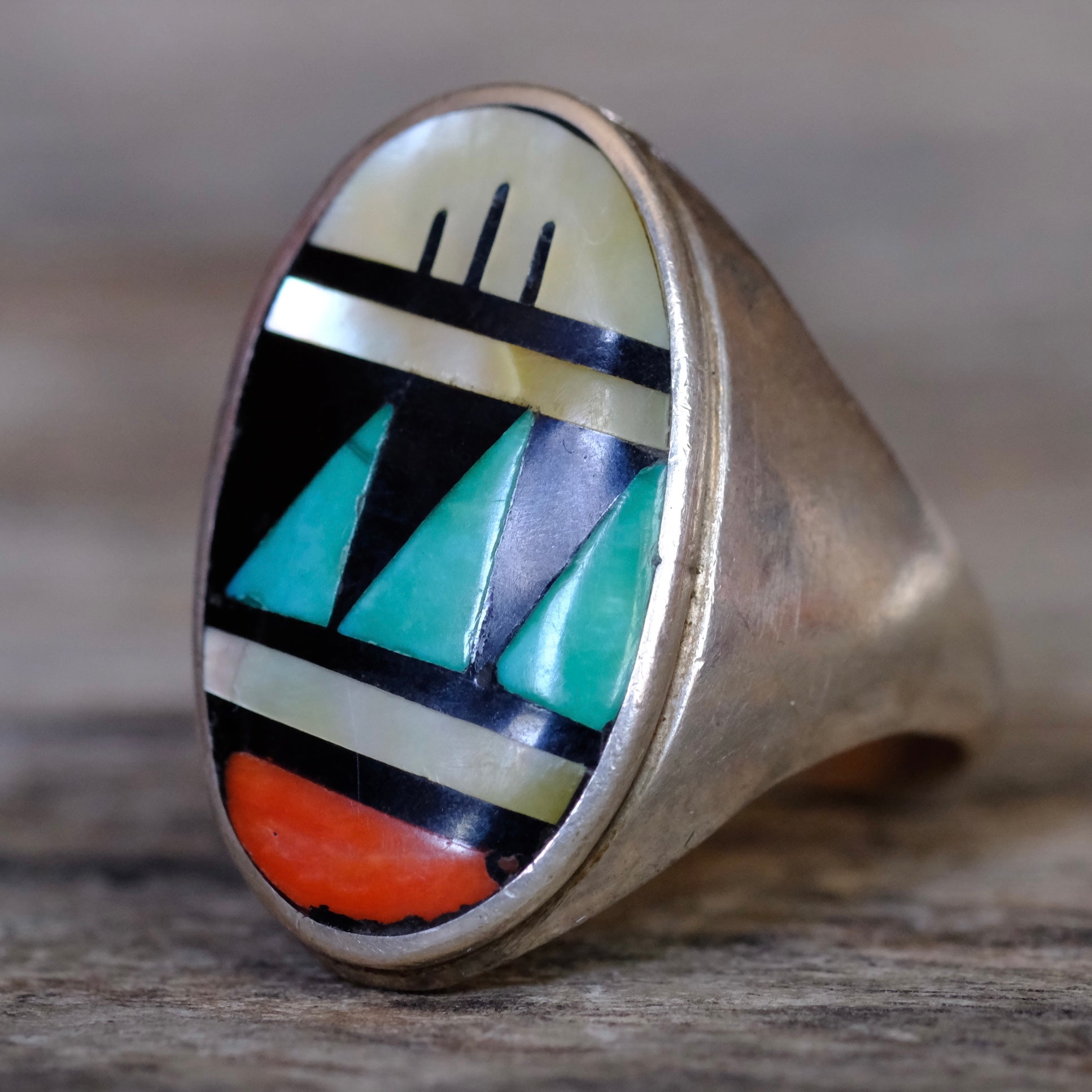 Vintage Sterling Zuni Inlay Ring 10.5