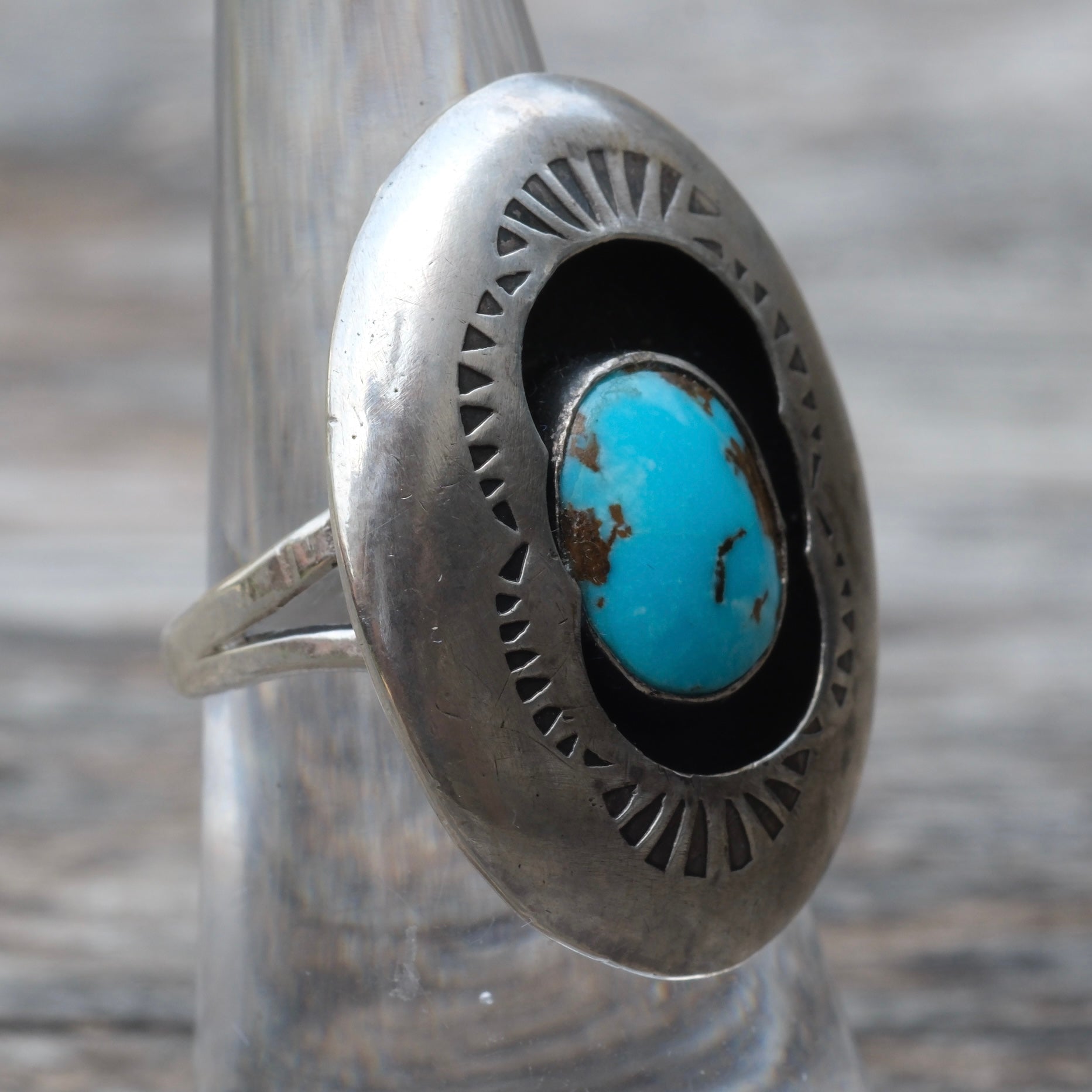 Vintage Sterling Turquoise Shadowbox Ring 6.75