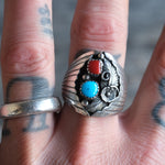 Vintage Sterling Turquoise and Coral Feather Ring 10.25