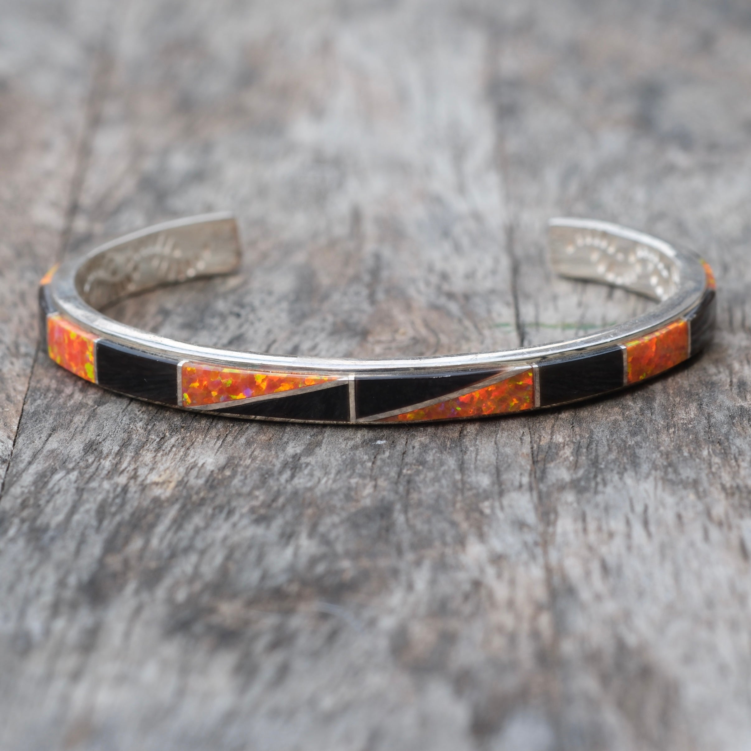 Vintage Sterling Opalite and Black Resin Inlay Cuff Bracelet