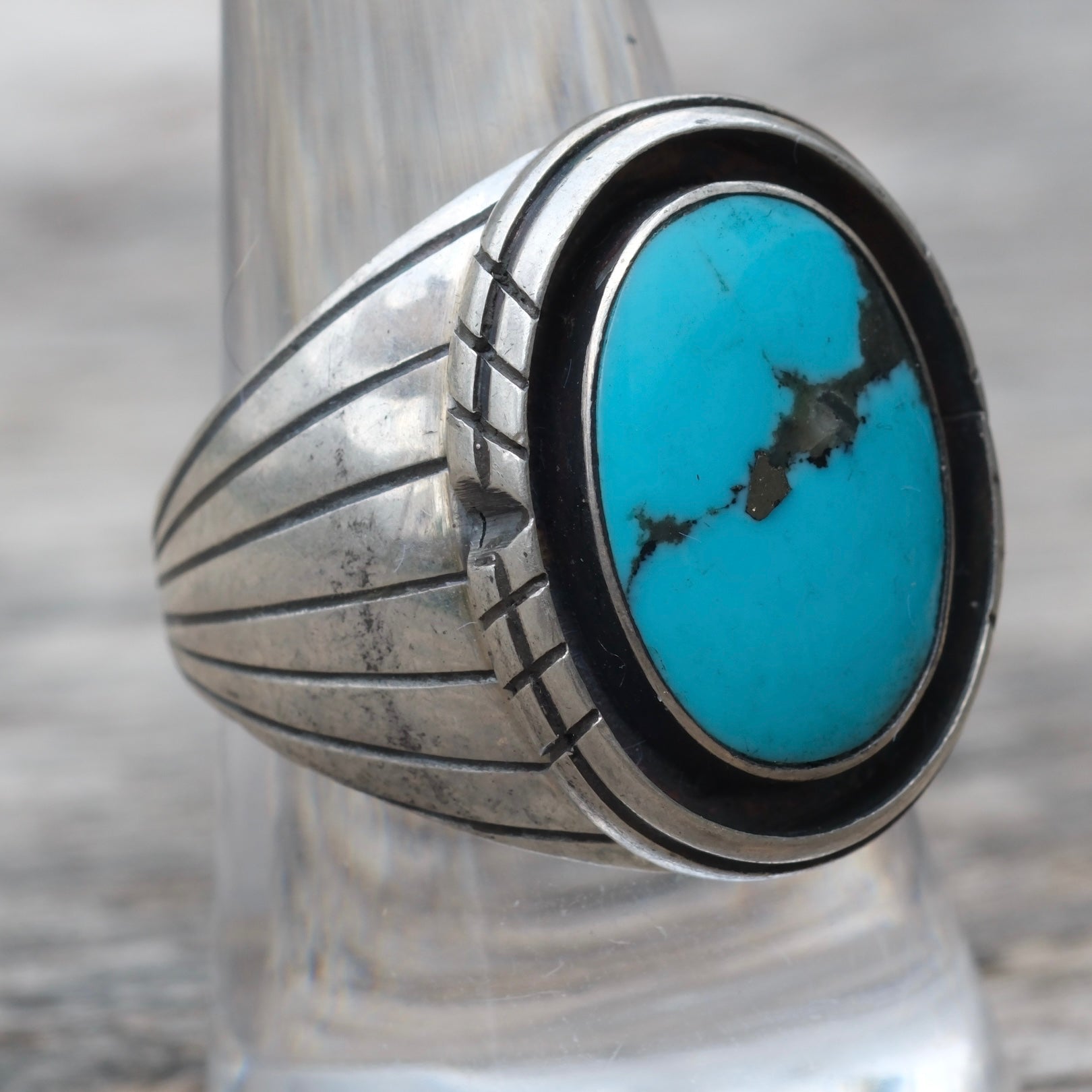 Vintage Sterling Turquoise Ribbed Band Ring 9
