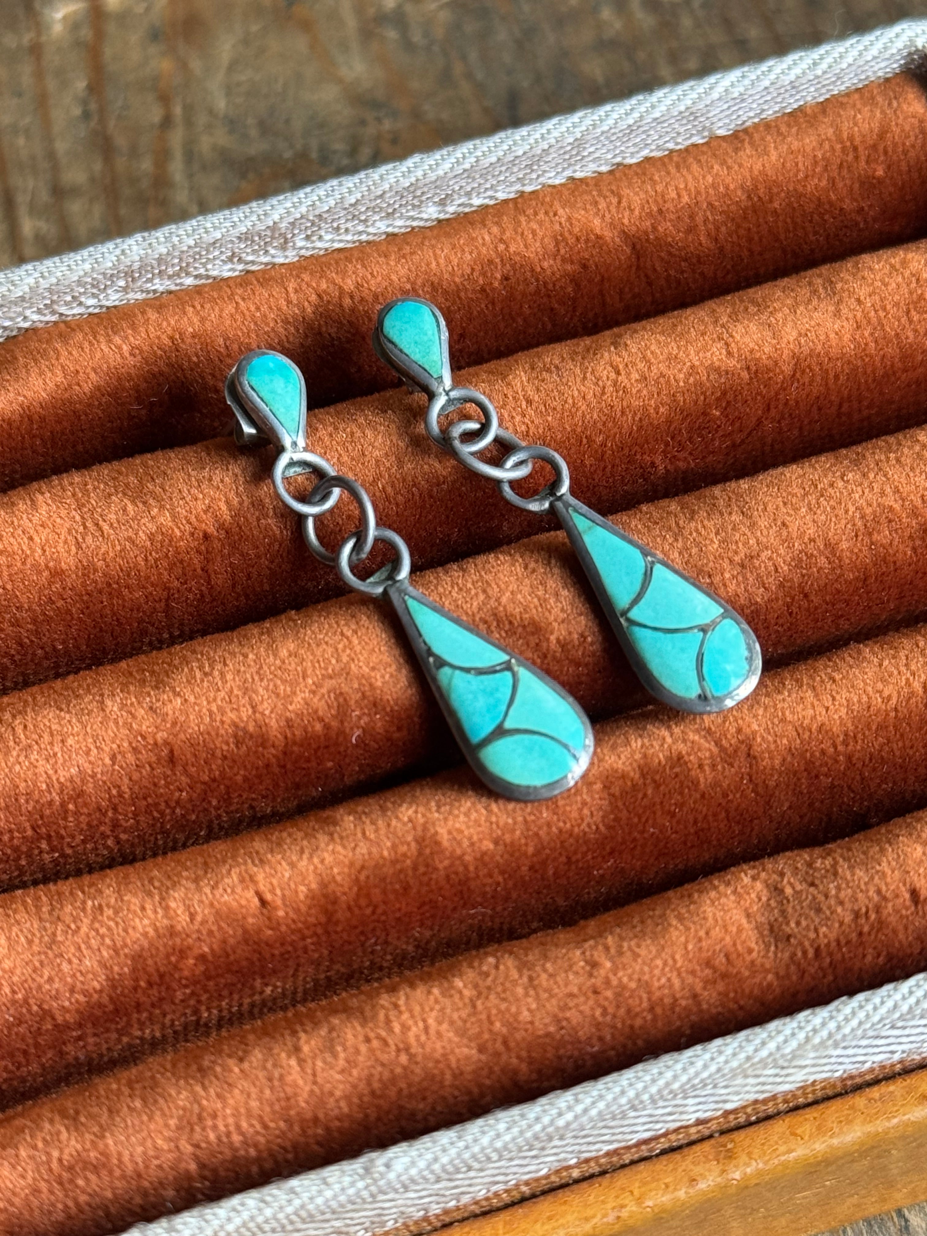 Vintage Sterling Silver Turquoise Inlay Teardrop Earrings