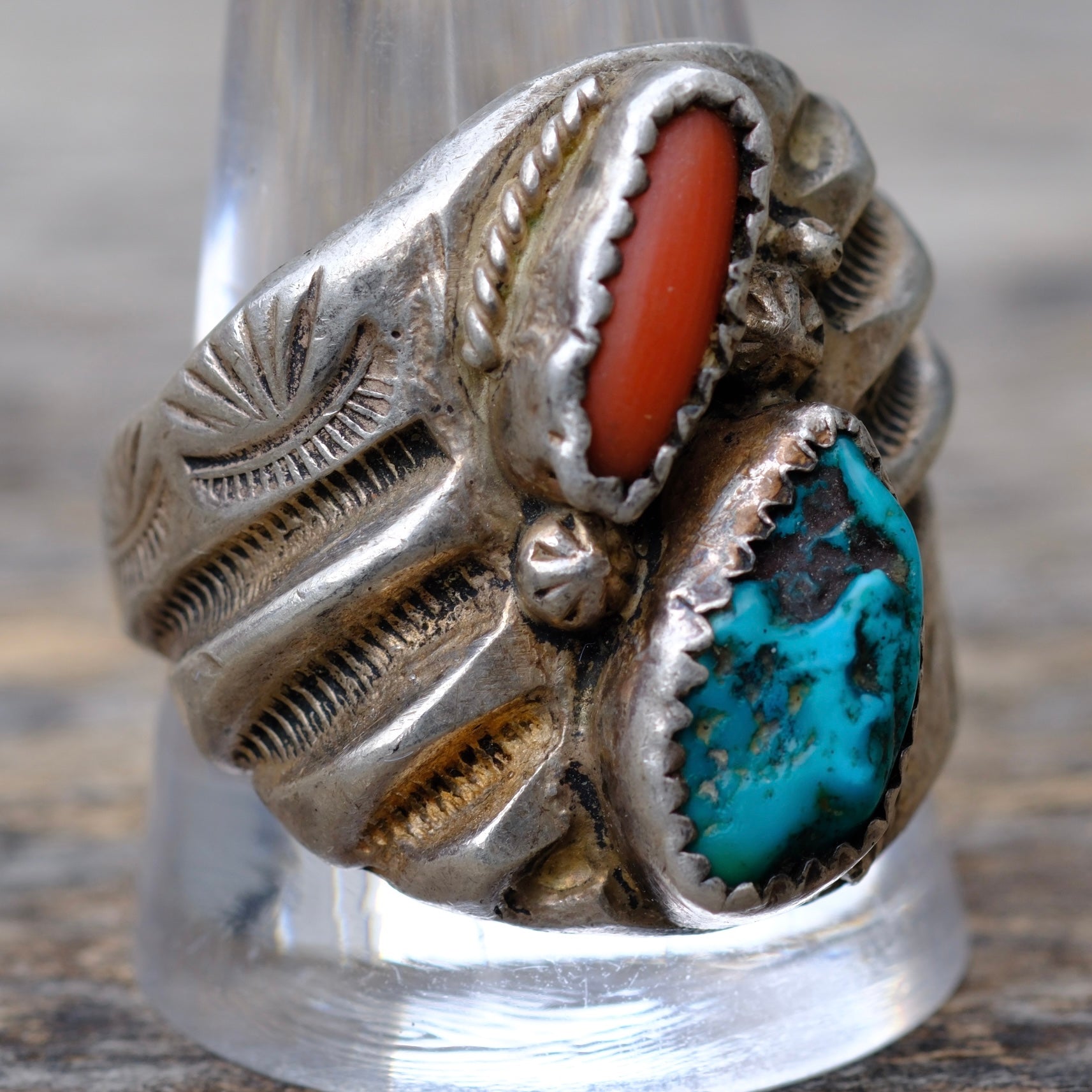 Vintage Sterling Turquoise and Coral Ring 12.25