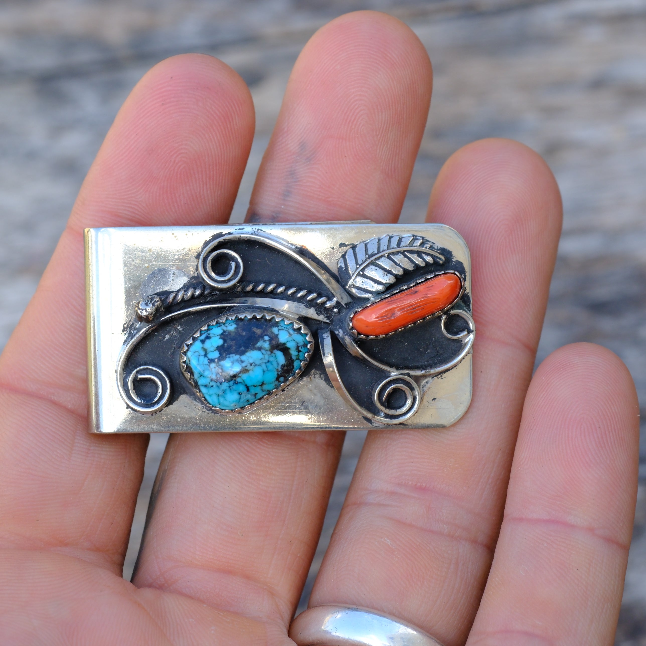 Vintage Turquoise and Coral Feather Money Clip