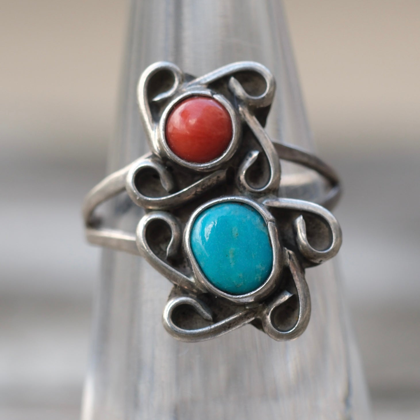 Vintage Sterling Turquoise and Coral Ring 5
