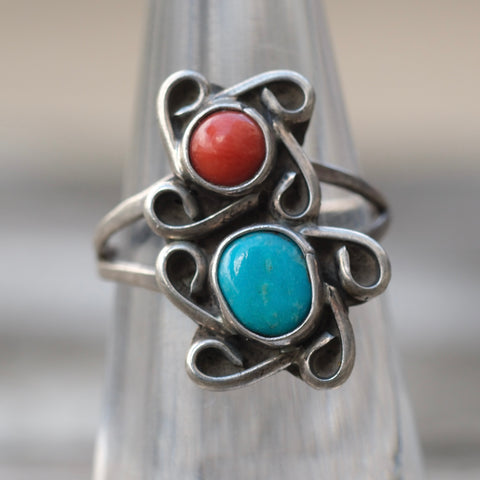 Vintage Sterling Turquoise and Coral Ring 5