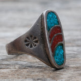 Vintage Sterling Crushed Turquoise and Coral Stamped Band Ring 11.5