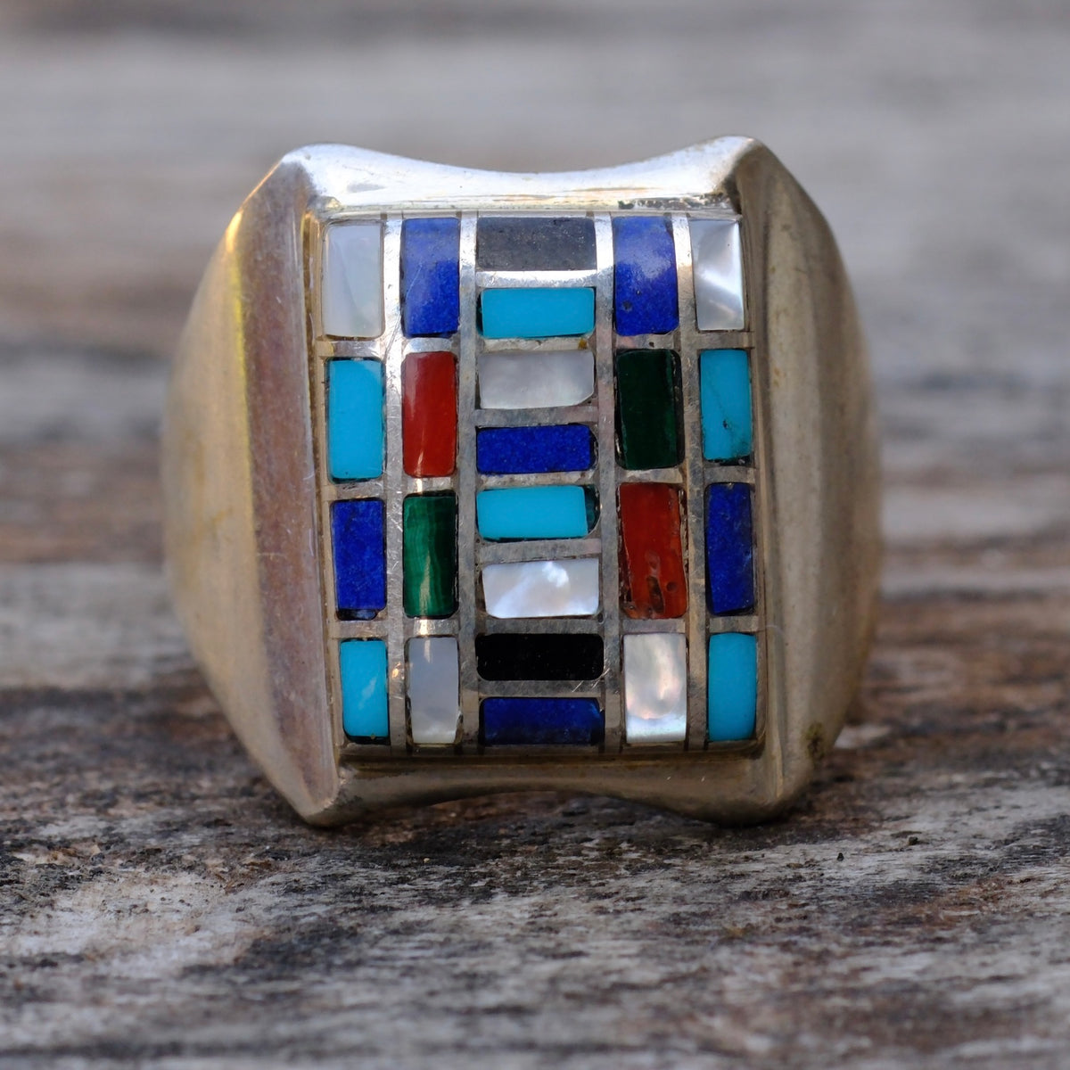 Vintage Sterling Multi Stone Inlay Panel Ring 8.75