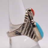 Vintage Sterling Turquoise and Coral Feather Ring 10