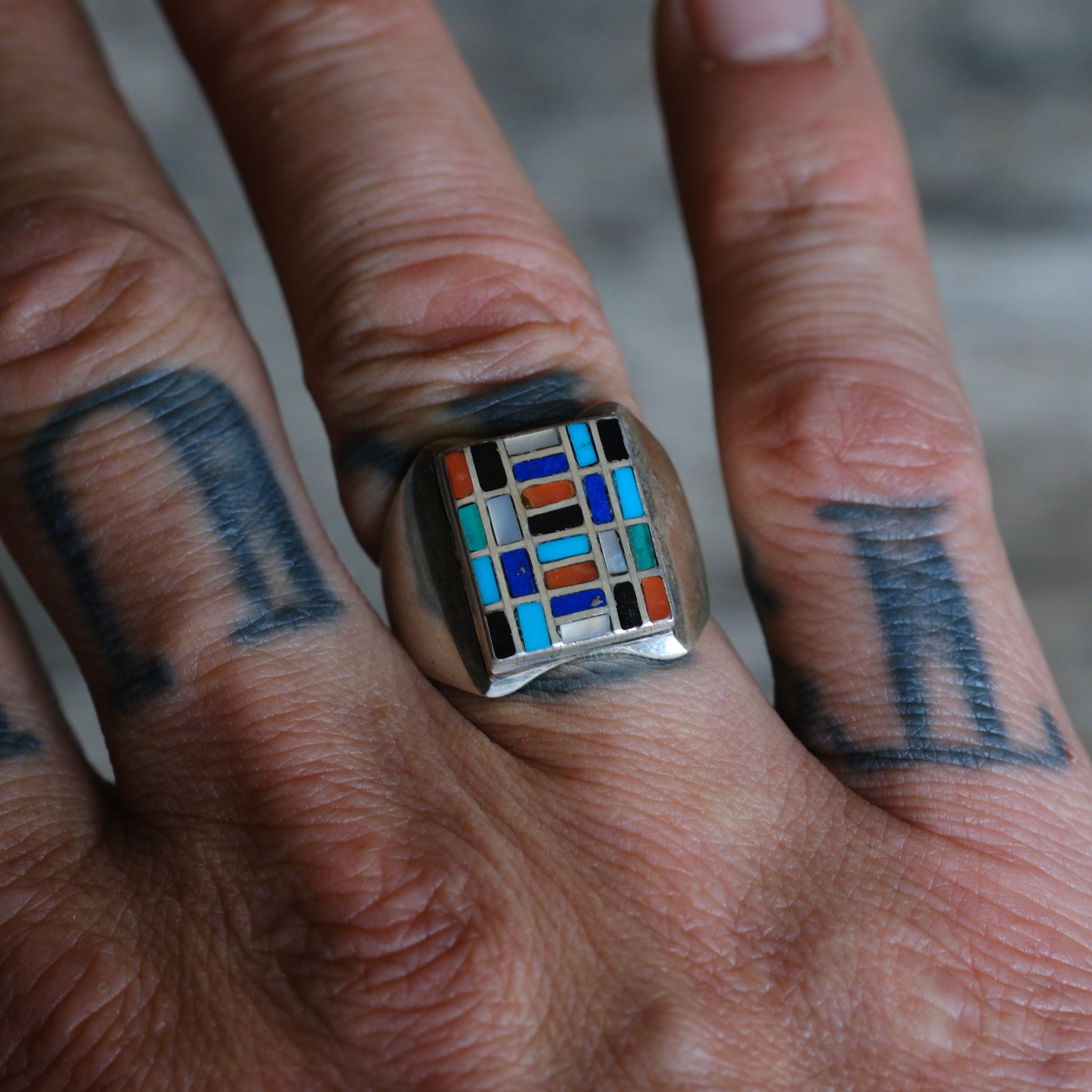 Vintage Sterling Multistone Inlay Mosaic Signet Ring 9