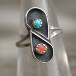 Vintage Sterling Turquoise and Coral Ring 5.75