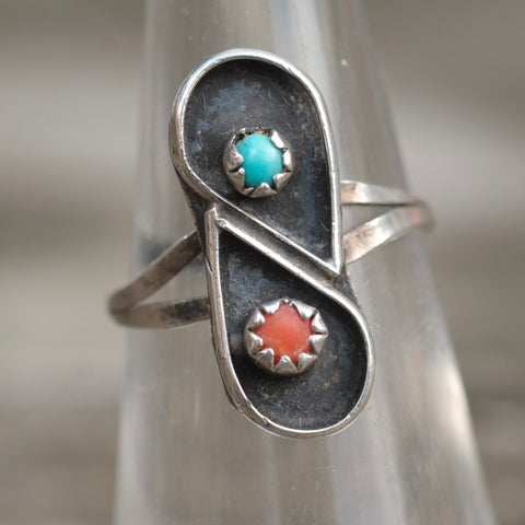 Vintage Sterling Turquoise and Coral Ring 5.75