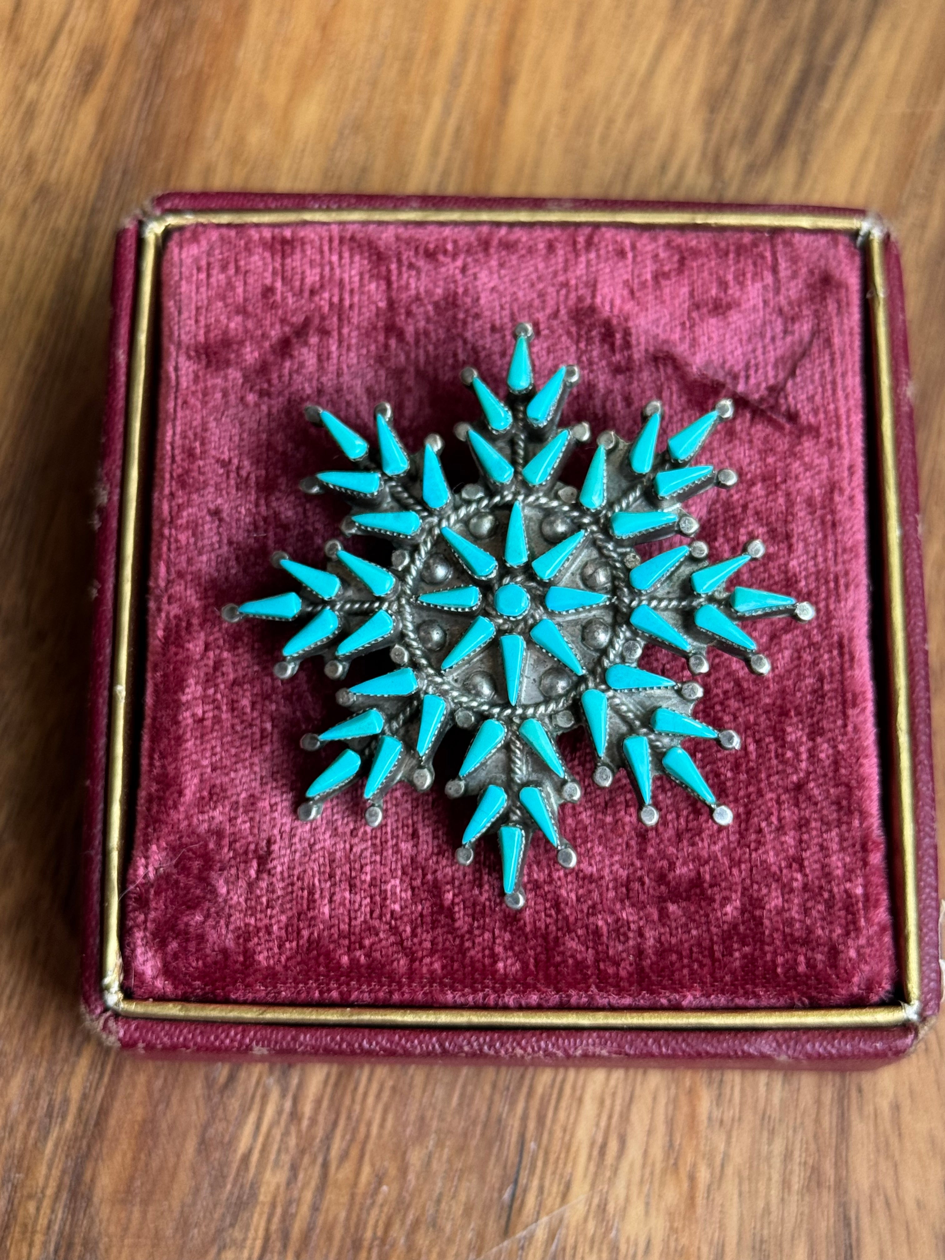 Rare Vintage Sterling Silver Zuni Turquoise Snowflake Pin/Pendant by Vera Halusewa