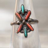 Vintage Sterling Turquoise and Coral Cluster Ring 4.5