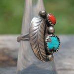 Vintage Sterling Turquoise and Coral Feather Ring 5.75