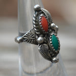 Vintage Sterling Turquoise and Coral Feather Ring 4.75
