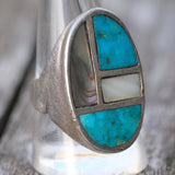 Vintage Sterling Turquoise and Mother Of Pearl Inlay Ring 10.25