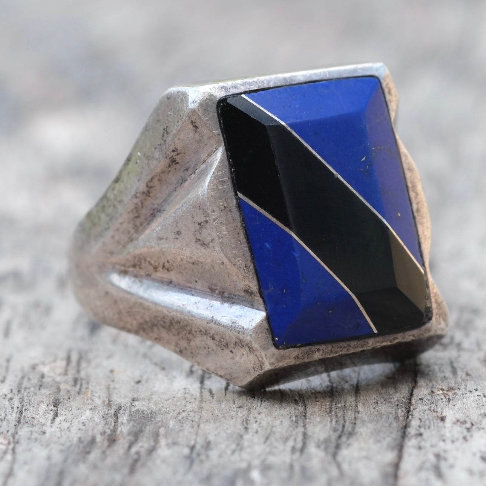 Vintage Sterling Lapis and Onyx Inlay Ring 11.5