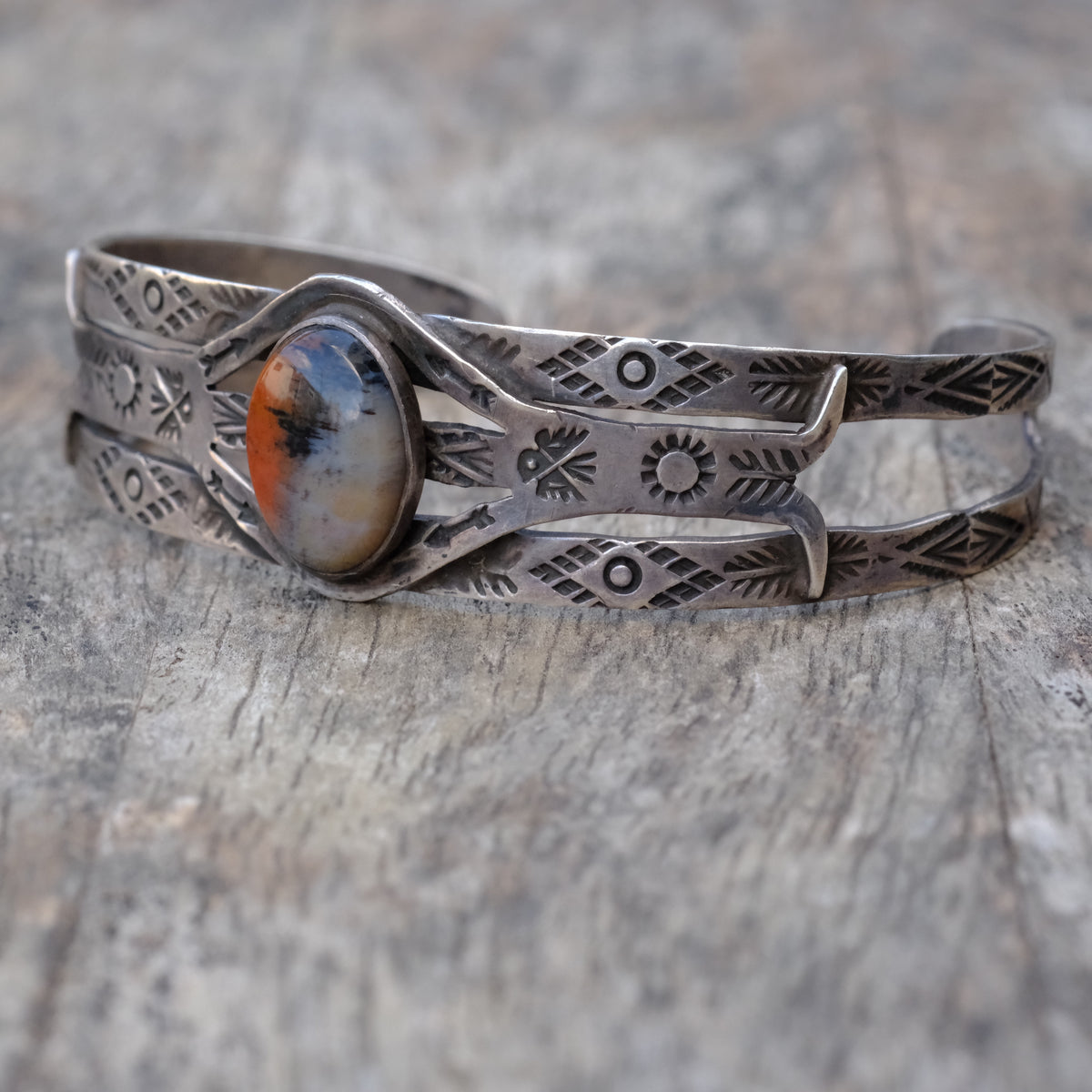 Vintage Sterling Petrified Wood Thunderbird Cuff Bracelet