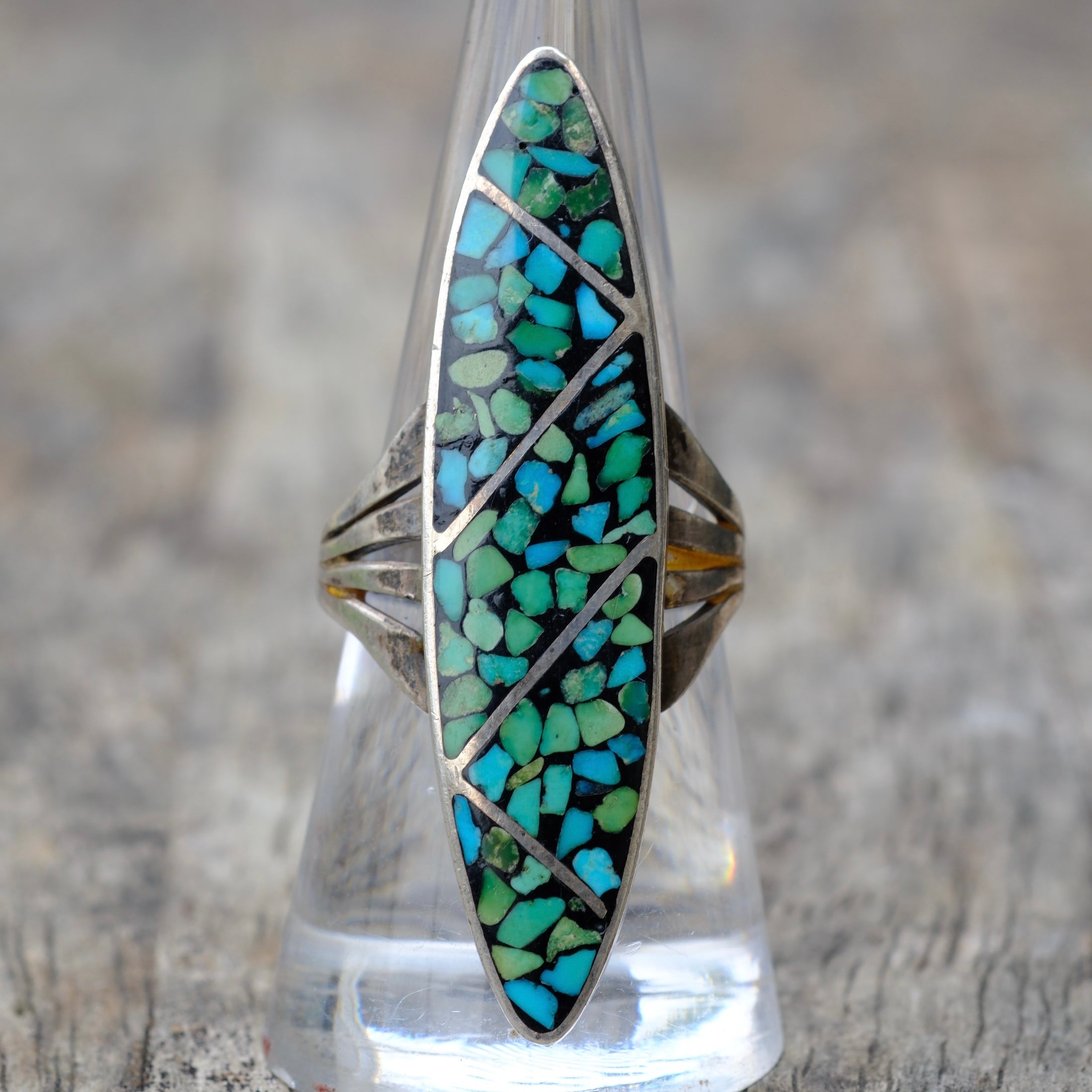 Vintage Sterling Turquoise Inlay Ring 7.75