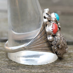 Vintage Sterling Turquoise and Coral Buffalo Ring 14