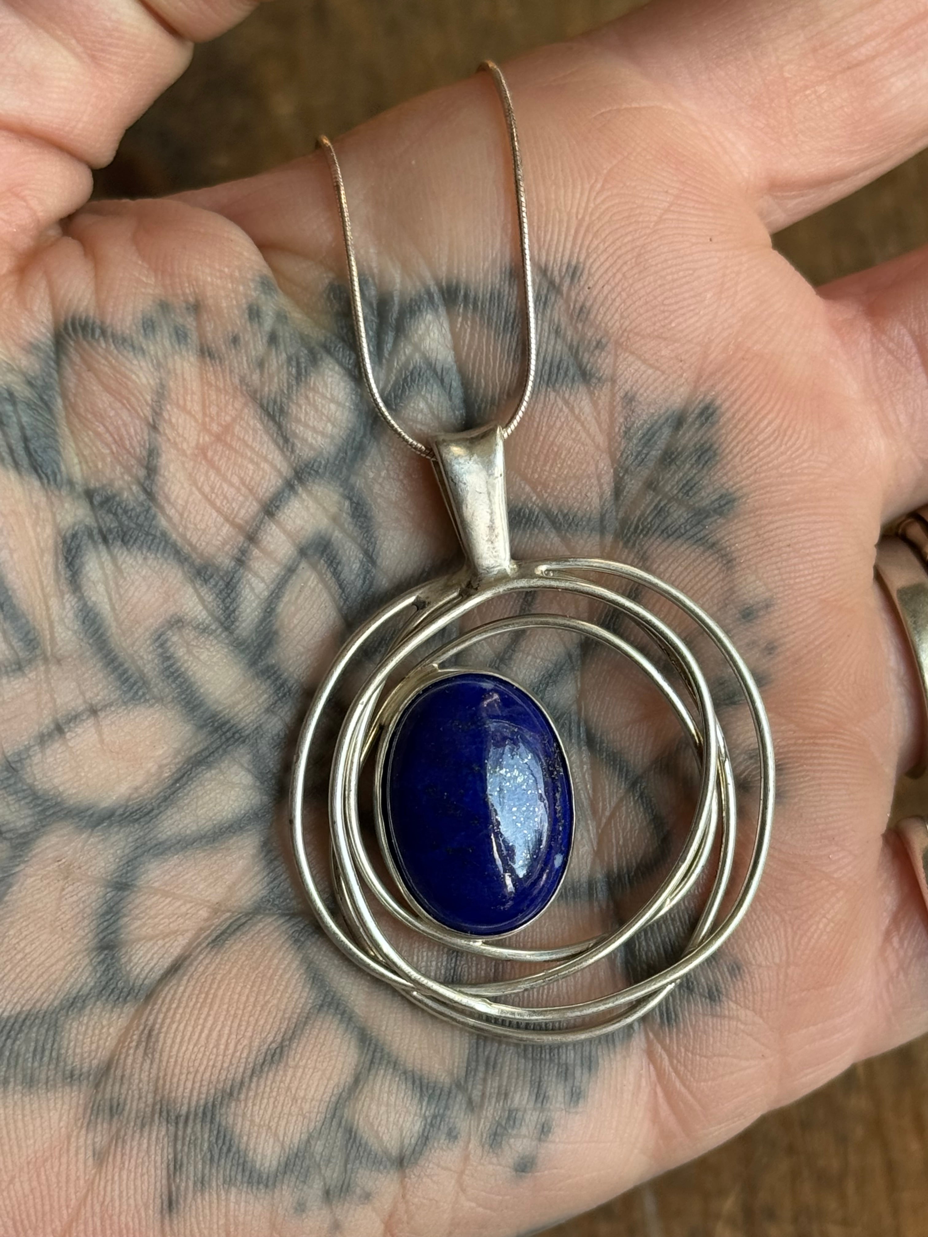Vintage Sterling Silver Lapis Modernist 23" Necklace
