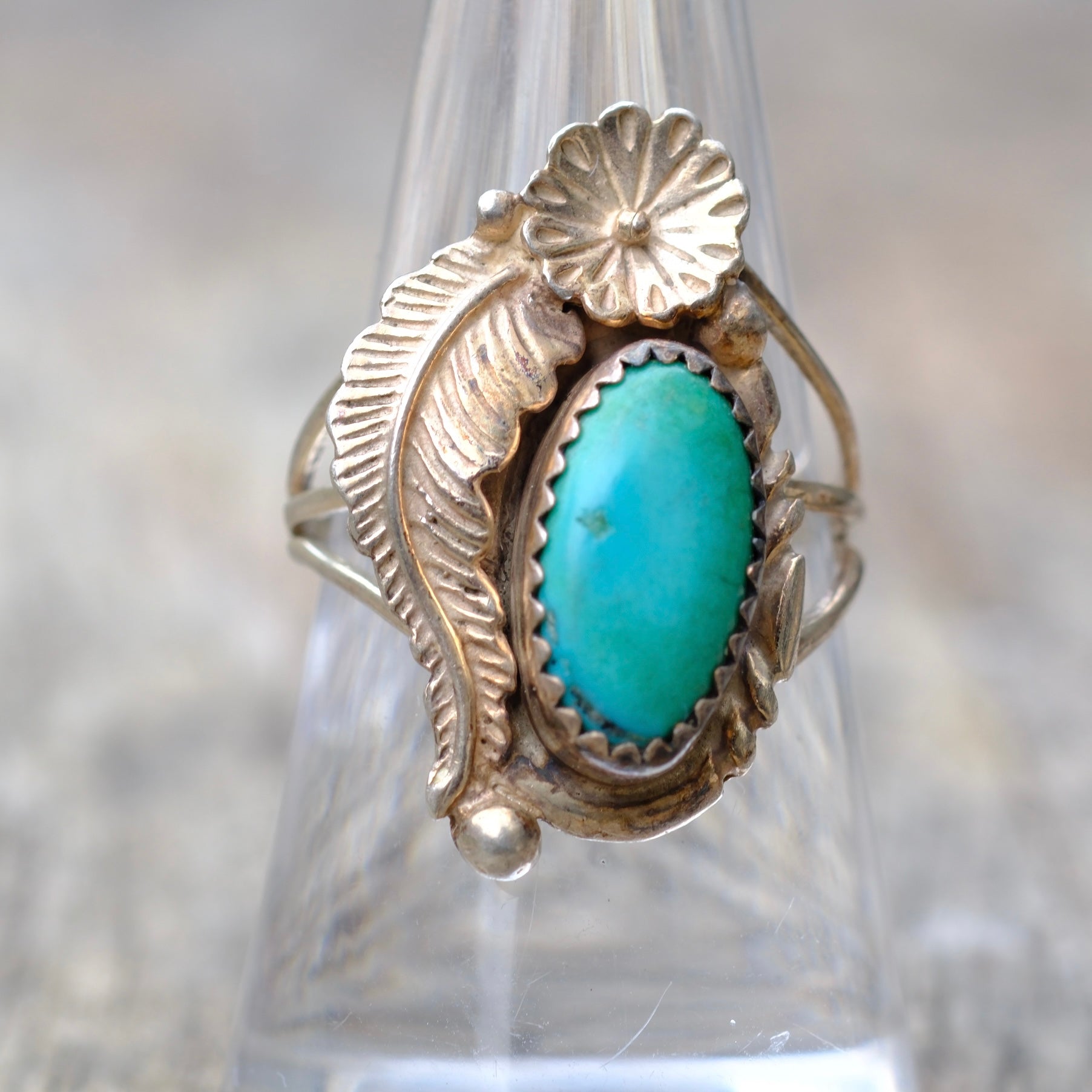 Vintage Sterling Turquoise Feather Ring 7.5