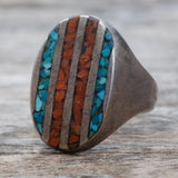 Vintage Sterling Crushed Turquoise and Coral Inlay Ring 11.5