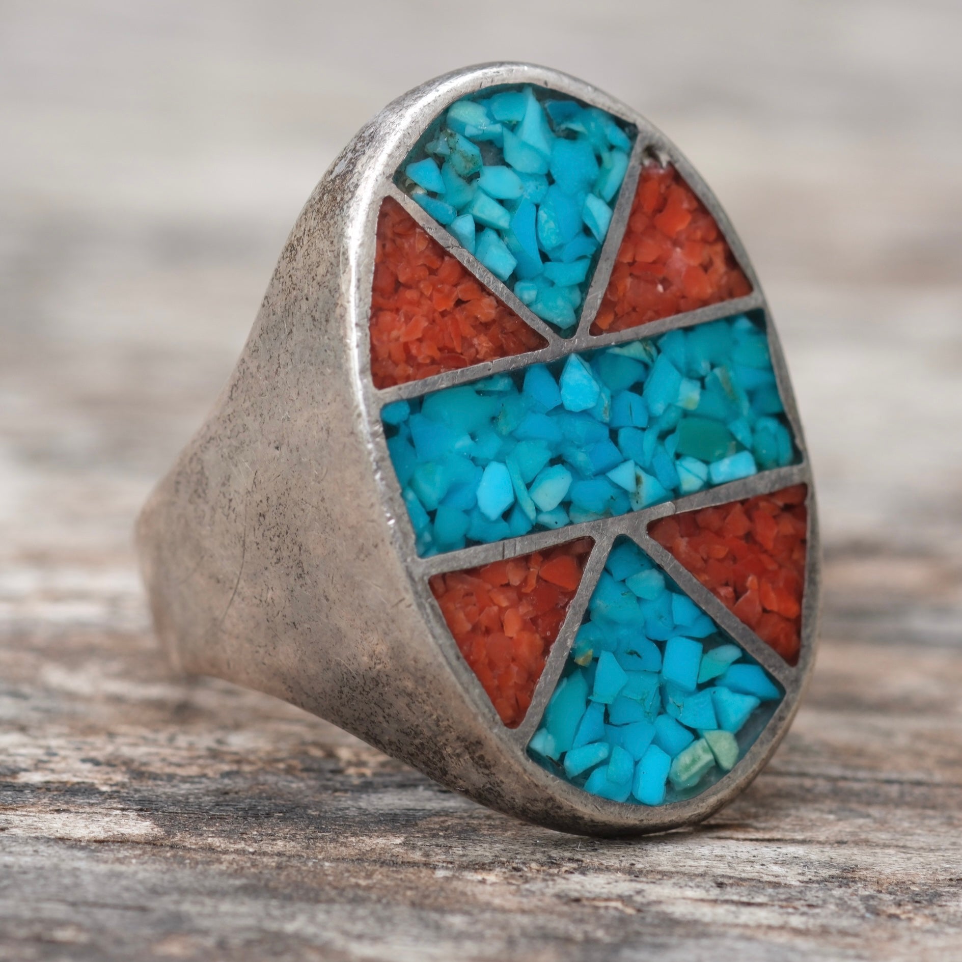 Vintage Sterling Turquoise and Coral Inlay Ring 9.75