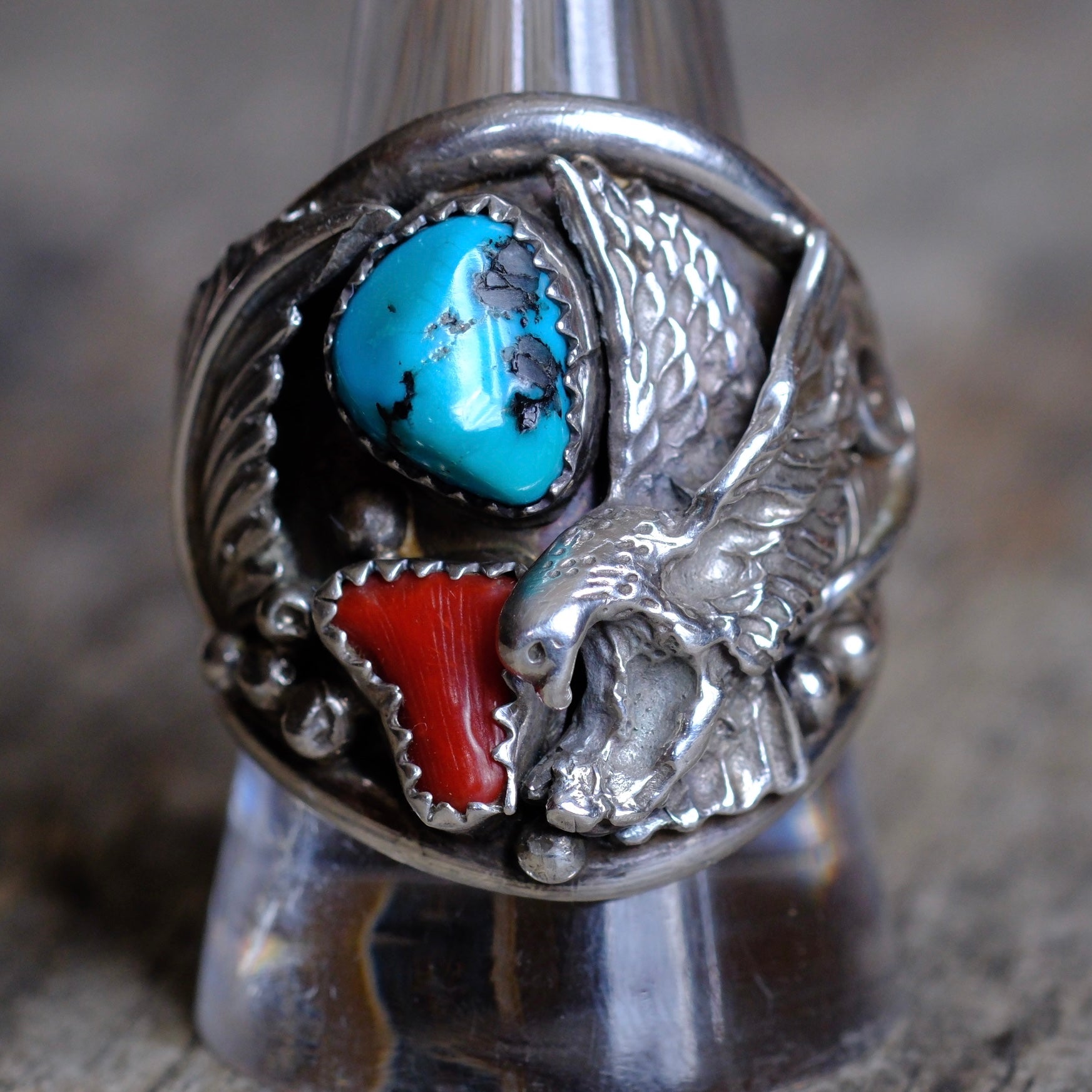 Vintage Sterling Turquoise and Coral Eagle Ring 11