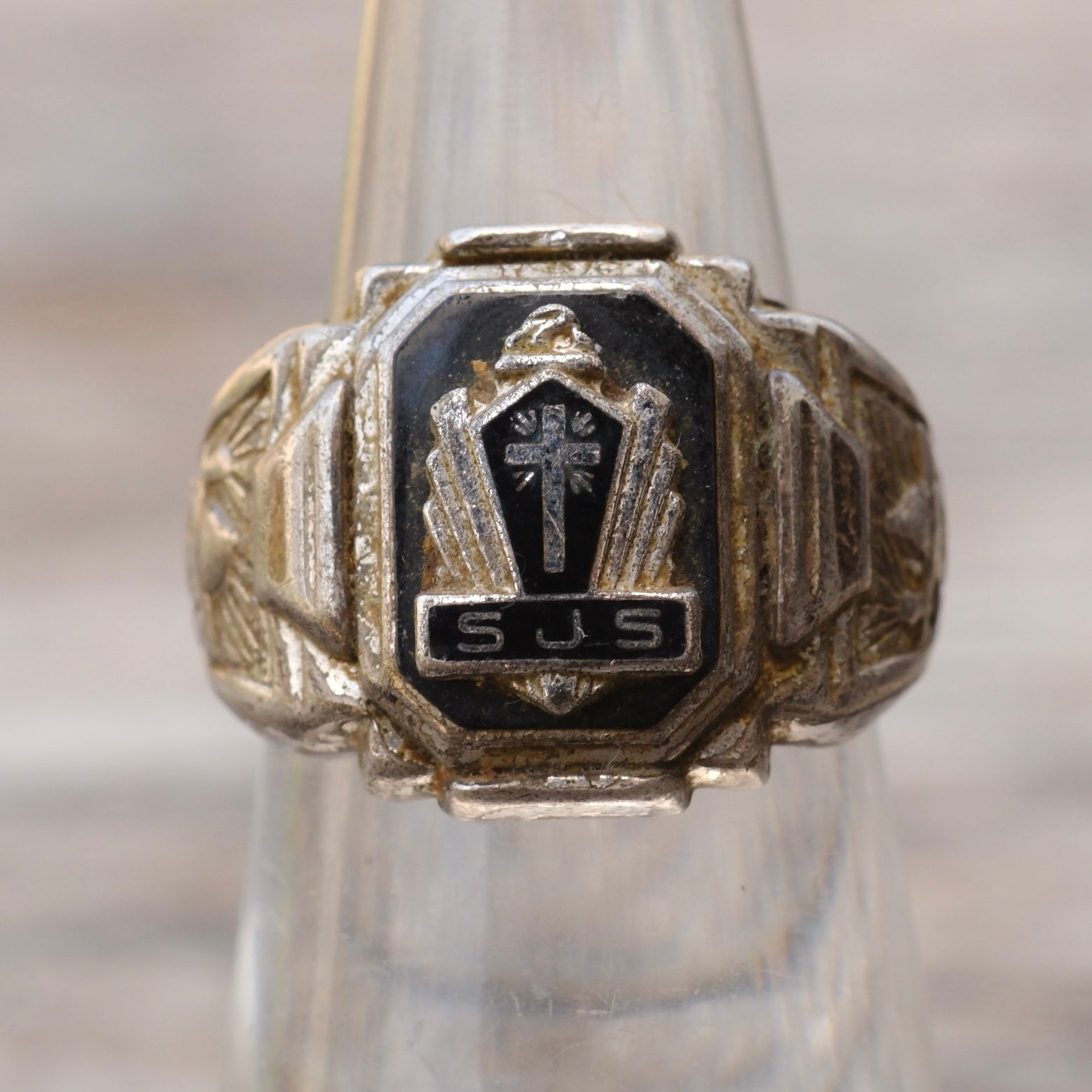 Vintage Sterling Cross SJS Signet Ring 6