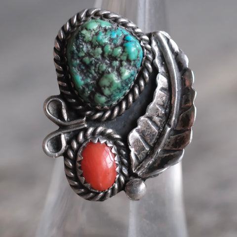 Vintage Sterling Turquoise and Coral Feather Ring 6.25