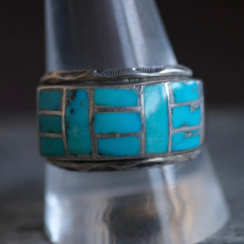 Vintage Sterling Turquoise Inlay Ring 10.75