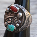 Vintage Sterling Turquoise and Coral Feather Ring 9