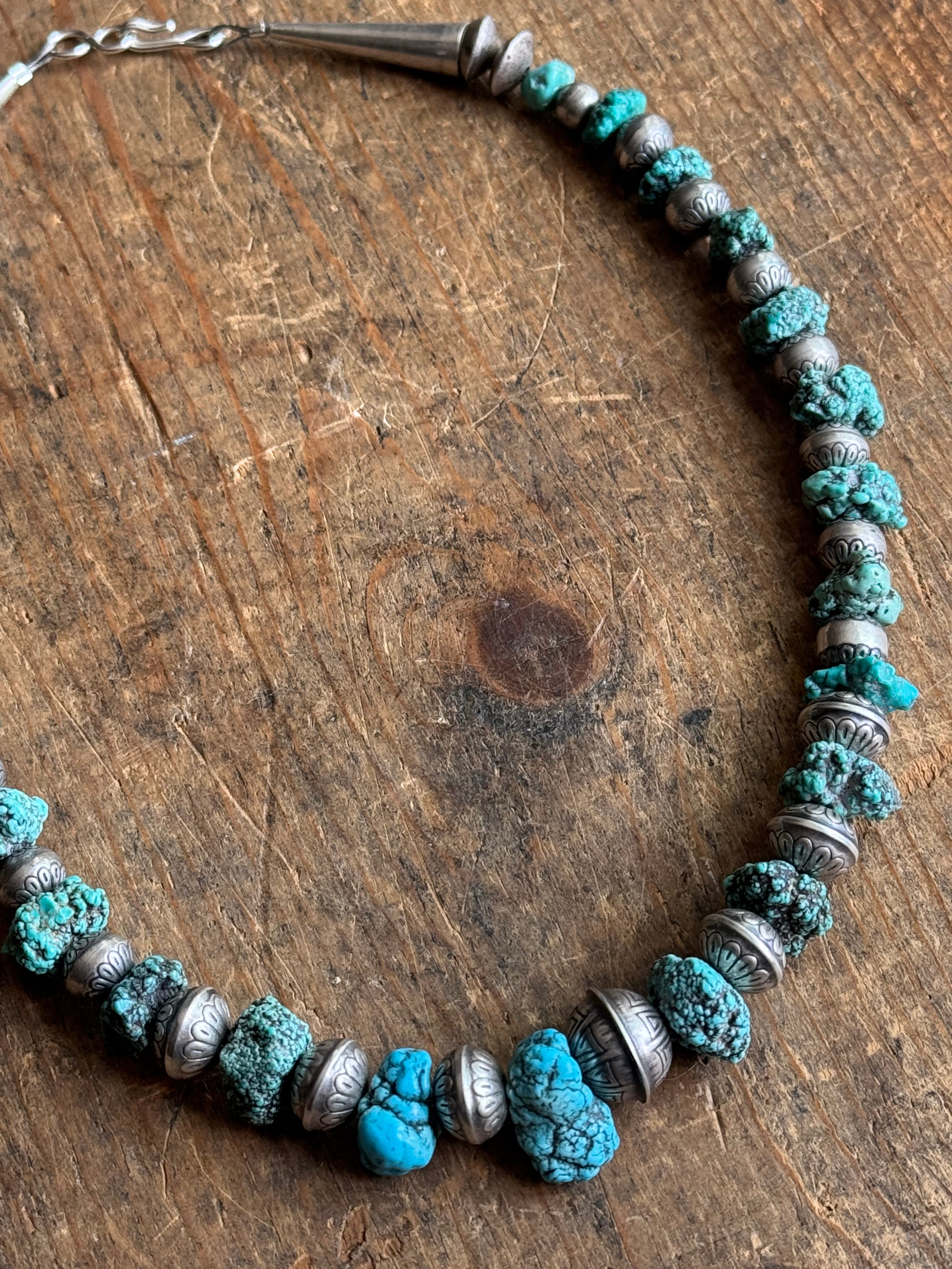 Vintage Sterling Silver Stamped Navajo Pearl & Raw Turquoise Necklace