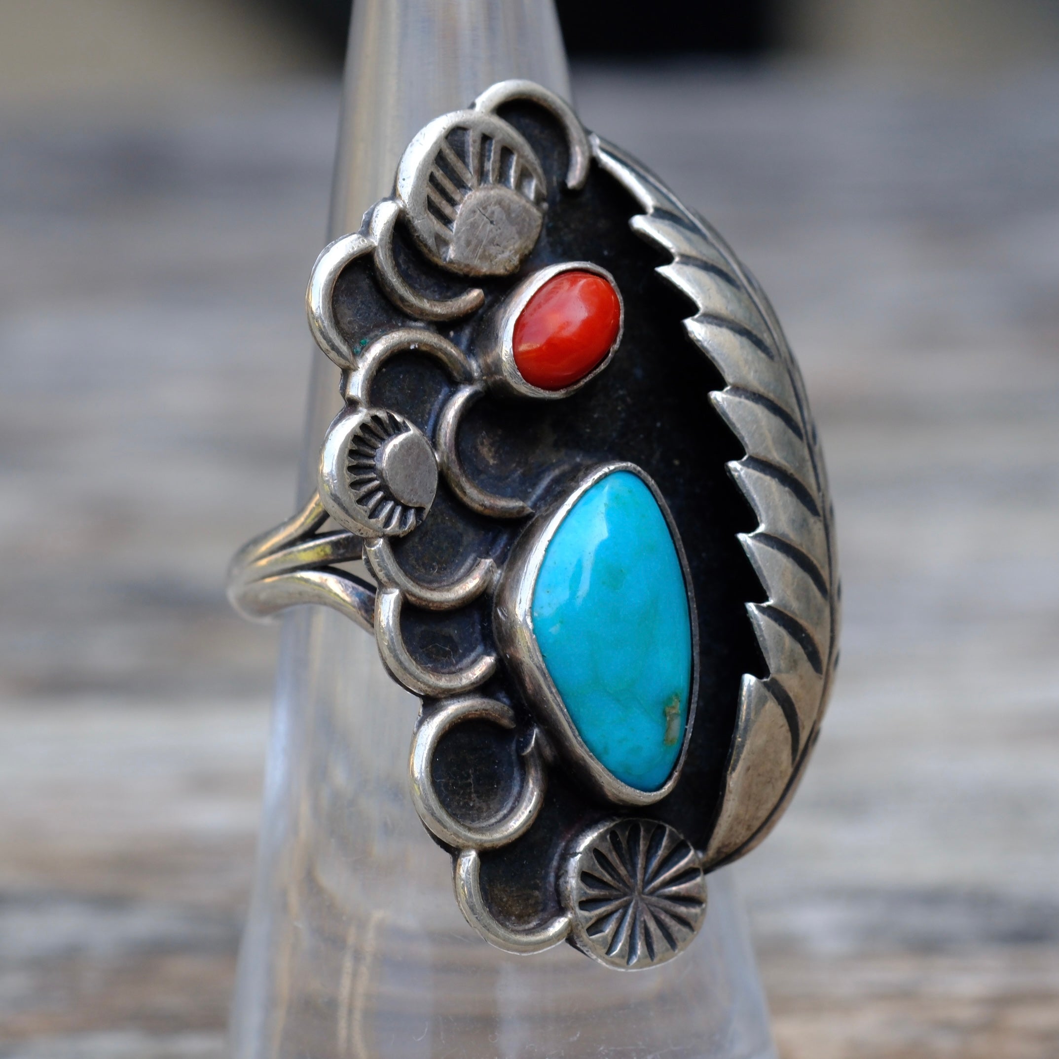 Vintage Sterling Turquoise and Coral Feather Ring 6.5
