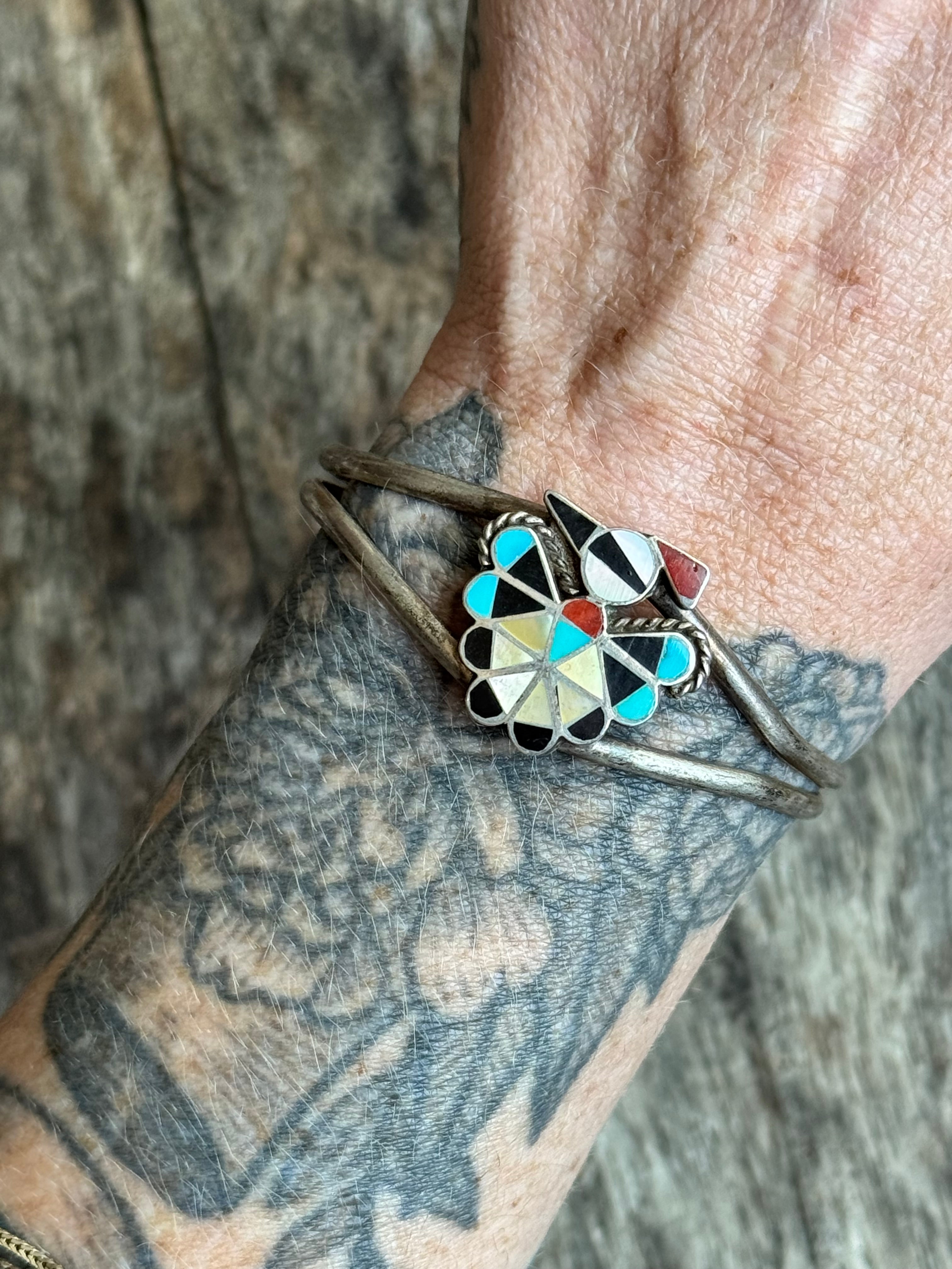 Vintage Sterling Silver Multistone Inlay Thunderbird Cuff